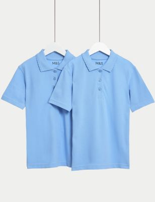 M&S Girls 2-Pack Stain Resist School Polo Shirts (2-16 Yrs) - 7-8 Y - Blue, Blue,White