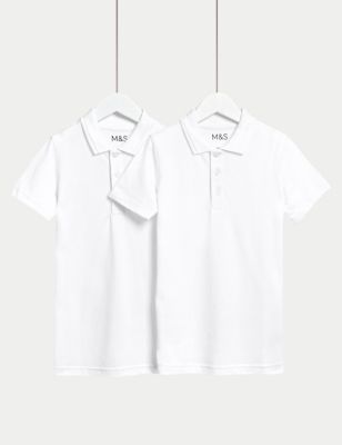 M&S Boys 2pk Boy's Slim Stain Resist School Polo Shirts (2-16 Yrs) - 6-7 Y - White, White,Blue