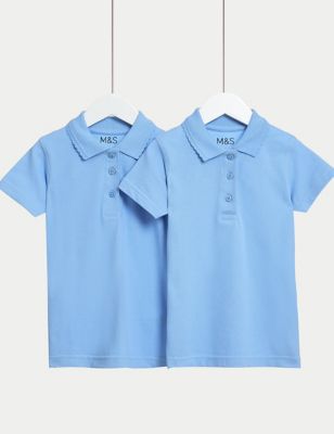 M&S Girls 2-Pack Slim Stain Resist School Polo Shirts (2-16 Yrs) - 11-12 - Blue, Blue,White