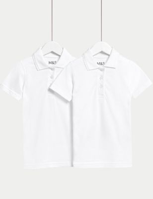 M&S Girls 2pk Girl's Slim Stain Resist School Polo Shirts (2-16 Yrs) - 14-15 - White, White,Blue