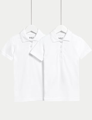 M&S Girls 2-Pack Slim Stain Resist School Polo Shirts (2-16 Yrs) - 14-15 - White, White,Blue