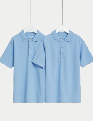 M&S 2pk Unisex Stain Resist School Polo Shirts (2-18 Yrs) - 16-17 - Blue, Blue,Gold,White,Royal Blue