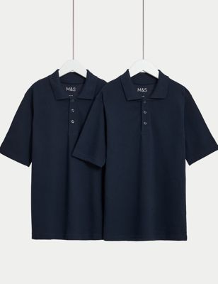 M&S 2pk Unisex Stain Resist School Polo Shirts (2-18 Yrs) - 13-14 - Navy, Navy,Gold,Blue,Royal Blue,