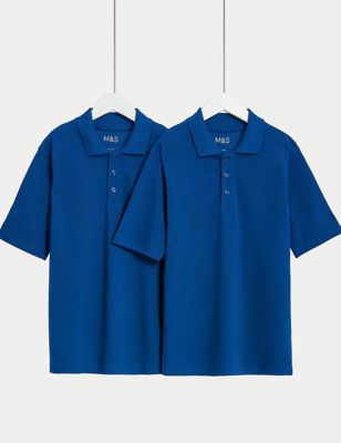 M&S 2pk Unisex Stain Resist School Polo Shirts (2-18 Yrs) - 7-8 Y - Royal Blue, Royal Blue,Gold,Blue