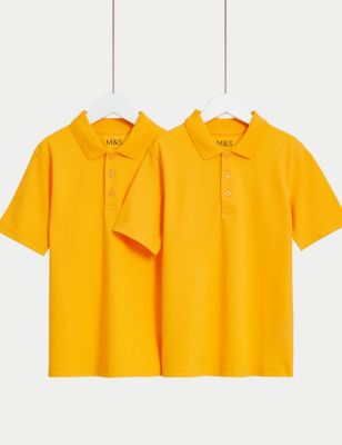 M&S 2pk Unisex Stain Resist School Polo Shirts (2-18 Yrs) - 17-18 - Gold, Gold,Bottle Green,Blue,Whi