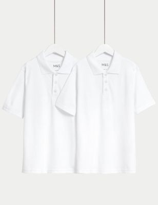 M&S 2pk Unisex Stain Resist School Polo Shirts (2-18 Yrs) - 9-10Y - White, White,Gold,Bottle Green,B