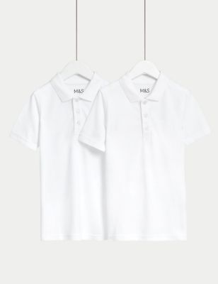 M&S 2pk Unisex Slim Stain Resist School Polo Shirts (2-18 Yrs) - 6-7 Y - White, White
