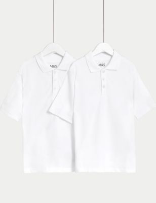 M&S 2pk Unisex Easy Dressing School Polo Shirts (3-18 Yrs) - 6-7 Y - White, White
