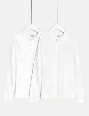 M&S 2pk Unisex Pure Cotton Stain Resist School Polo Shirts (2-18 Yrs) - 17-18 - White, White