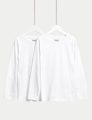 M&S 2Pk Unisex Pure Cotton School T-Shirts (2-16 Yrs) - 4-5 Y - White, White