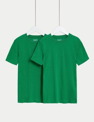 M&S 2pk Unisex Pure Cotton School T-Shirts (2-16 Yrs) - 7-8 Y - Emerald, Emerald,Red
