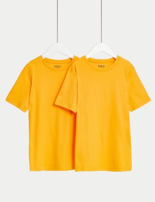 M&S 2pk Unisex Pure Cotton School T-Shirts (2-16 Yrs) - 3-4 Y - Gold, Gold,Emerald,Red,Pale Blue,Roy