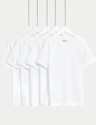 M&S 5pk Pure Cotton Stain Resist School T-Shirts (2-16 Yrs) - 3-4 Y - White, White