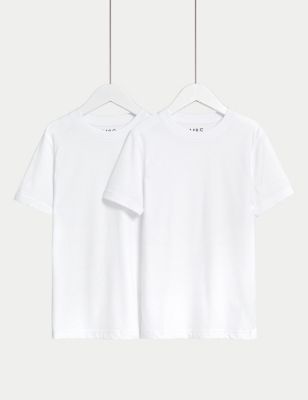 M&S 2pk Unisex Pure Cotton School T-Shirts (2-16 Yrs) - 7-8 Y - White, White