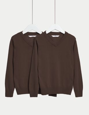Marks And Spencer Unisex,Boys,Girls M&S Collection 2pk Unisex Pure Cotton School Jumper (3-18 Yrs) - Brown, Brown