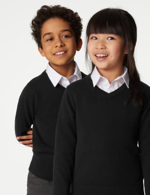 M&S 2pk Unisex Slim Fit Cotton School Jumpers (3-18 Yrs) - 8-9 Y - Black, Black,Navy