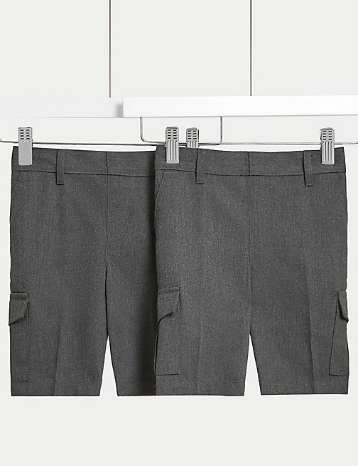 Marks And Spencer Boys 2pk Boys' Plus Waist Cargo School Shorts  (4-14 Yrs) - Grey, Grey