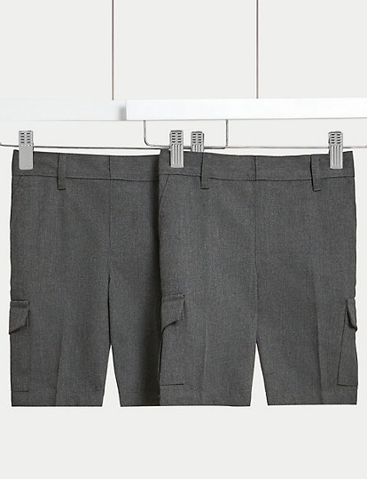 M&S Collection 2Pk Boys' Plus Waist Cargo School Shorts (4-14 Yrs) - 12-13 - Grey, Grey