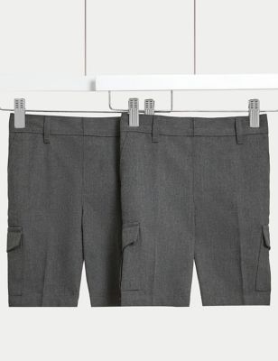 M&S Boys 2-Pack Plus Waist Cargo School Shorts (4-14 Yrs) - 6-7 Y - Grey, Grey