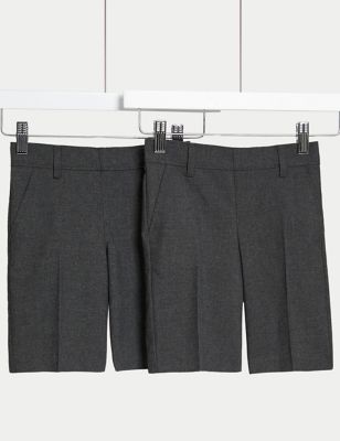 M&S Boys 2-Pack Slim Leg Plus Waist School Shorts (4-14 Yrs) - 7-8 Y - Grey, Grey