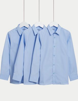 M&S Boys 3-Pack Slim Fit Easy Iron School Shirts (2-16 Yrs) - 11-12 - Blue, Blue,White