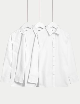 M&S Boys 3pk Boy's Longer Length Easy Iron School Shirts (4-18 Yrs) - 9-10YLNG - White, White