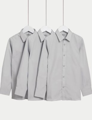 M&S Boys 3-Pack Easy Iron School Shirts (2-16 Yrs) - 7-8 Y - Grey, Grey,White,Blue
