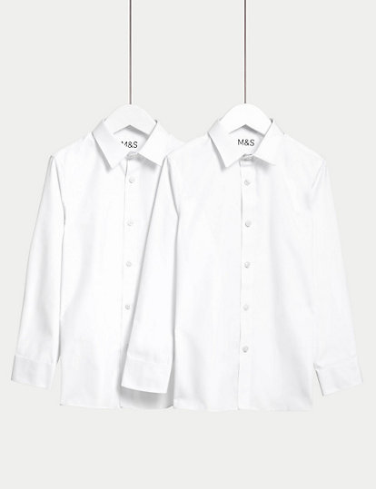 M&S Collection 2Pk Boys' Skinny Fit Stretch School Shirts (2-16 Yrs) - 11-12 - White, White