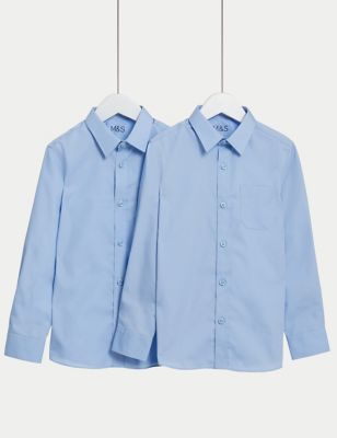 M&S Boys 2-Pack Slim Fit Non-Iron School Shirts (2-18 Yrs) - 6-7 Y - Blue, Blue,White