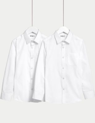 M&S Boys 2-Pack Slim Fit Non-Iron School Shirts (2-18 Yrs) - 15-16 - White, White,Blue