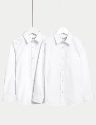 M&S Boys 2pk Boy's Slim Fit Cotton School Shirts (2-18 Yrs) - 14-15 - White, White