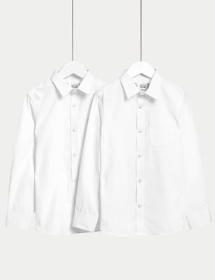 M&S Boys 2pk Boy's Slim Fit Cotton School Shirts (2-18 Yrs) - 14-15 - White, White