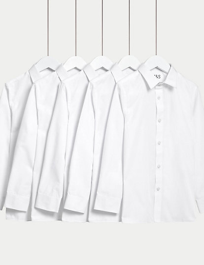 M&S Collection 5Pk Boys' Regular Fit Easy To Iron School Shirts (2-18 Yrs) - 4-5 Y - White, White