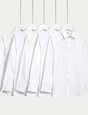 M&S Boys 5-Pack Regular Fit Easy to Iron School Shirts (2-18 Yrs) - 3-4 Y - White, White
