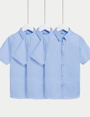 M&S Boys 3-Pack Slim Easy Iron School Shirts (2-16 Yrs) - 6-7 Y - Blue, Blue,White