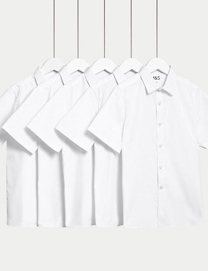 M&S Collection 5Pk Boys' Regular Fit Easy To Iron School Shirts (2-18 Yrs) - 4-5 Y - White, White