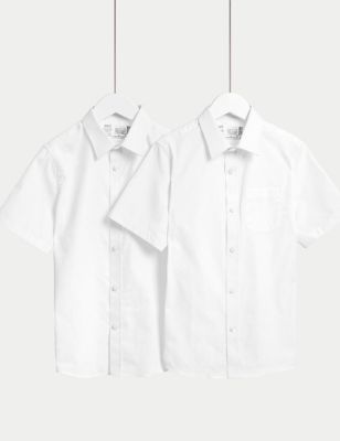 M&S Boys 2-Pack Regular Fit Cotton School Shirts (2-18 Yrs) - 14-15 - White, White
