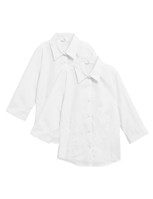 

M&S Collection Pack de 2 camisas escolares de manga 3/4 de planchado fácil para chicas (2-16 años) - White, White