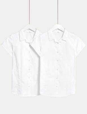 M&S Girls 2-Pack Easy Iron Revere School Shirts (2-16 Yrs) - 39 - White, White,Blue