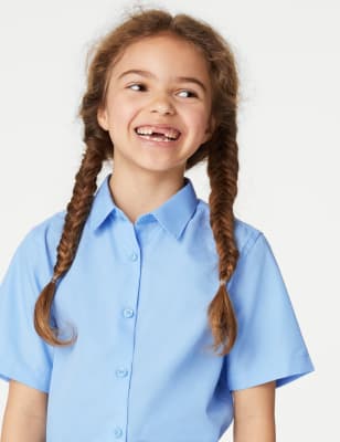 M&S Girls 3-Pack Easy Iron School Shirts (2-16 Yrs) - 41 - Blue, Blue,White