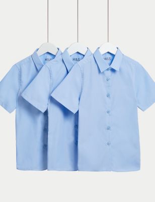 M&S Girls 3pk Girl's Slim Fit Easy Iron School Shirts (2-16 Yrs) - 3-4 Y - Blue, Blue,White
