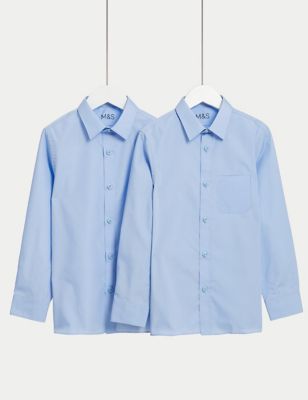 M&S Girls 2-Pack Non-Iron School Shirts (2-18 Yrs) - 3-4 Y - Blue, Blue,White