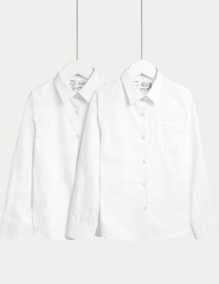 M&S Girls 2-Pack Regular Fit Cotton School Shirts (2-18 Yrs) - 7-8 Y - White, White
