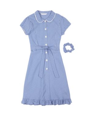 Girls' Pure Cotton Non-Iron Summer Gingham Check Dress with Hairband