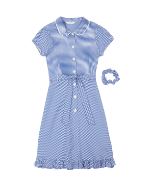 Girls' Pure Cotton Non-Iron Summer Gingham Check Dress with Hairband