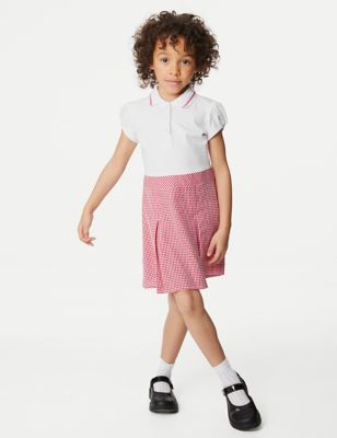 M&S Girls Girl's 2 in 1 Gingham Pleated School Dress (2-14 Yrs) - 6-7 Y - Red, Red,Light Blue
