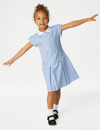 M&S Collection Girls' Gingham Pleated School Dress (2-14 Yrs) - 11-12 - Light Blue, Light Blue