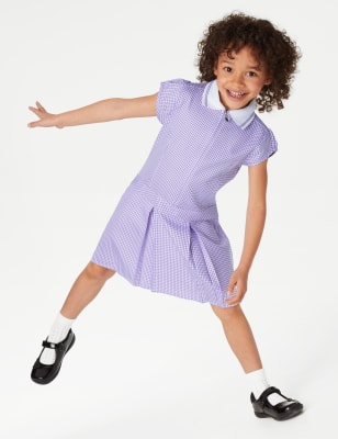 M&S Girls Gingham Pleated School Dress (2-14 Yrs) - 3-4 Y - Lilac, Lilac,Green,Light Blue,Mid Blue,P