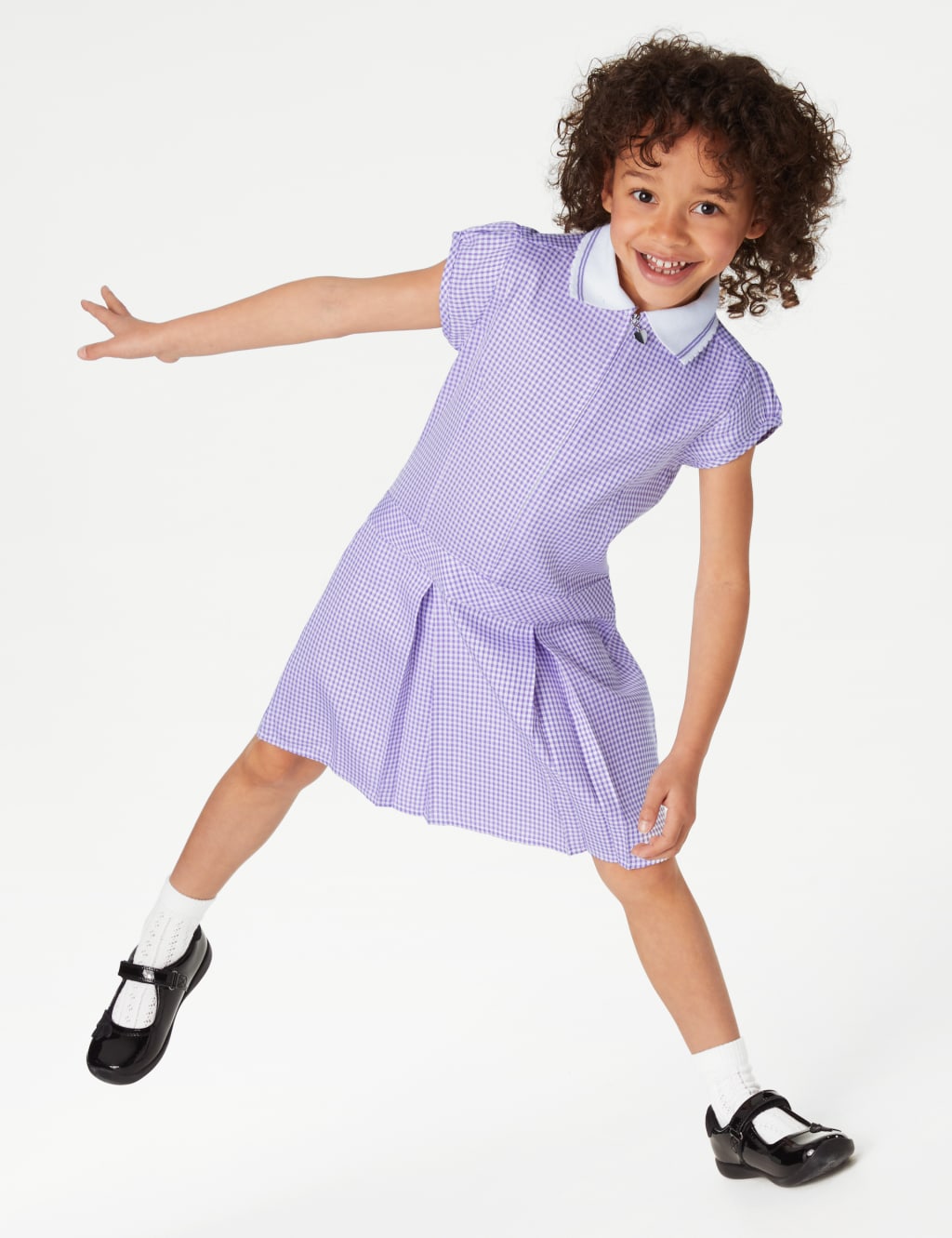 Purple and white gingham school dress on sale