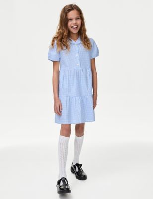 M&S Girls Girl's Cotton Rich Tiered School Dress (2-14 Years) - 7-8 Y - Light Blue, Light Blue